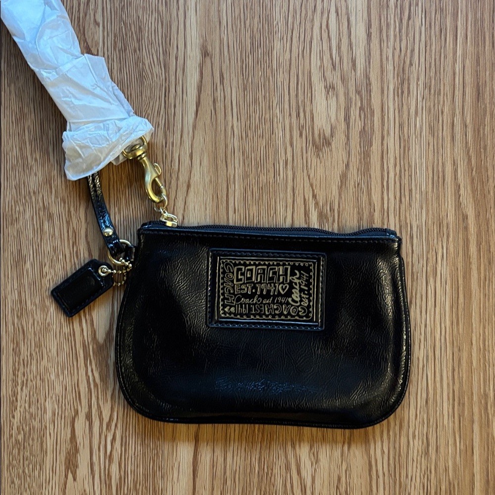 Coach Black Patent Leather Wristlet with Gold Accents
